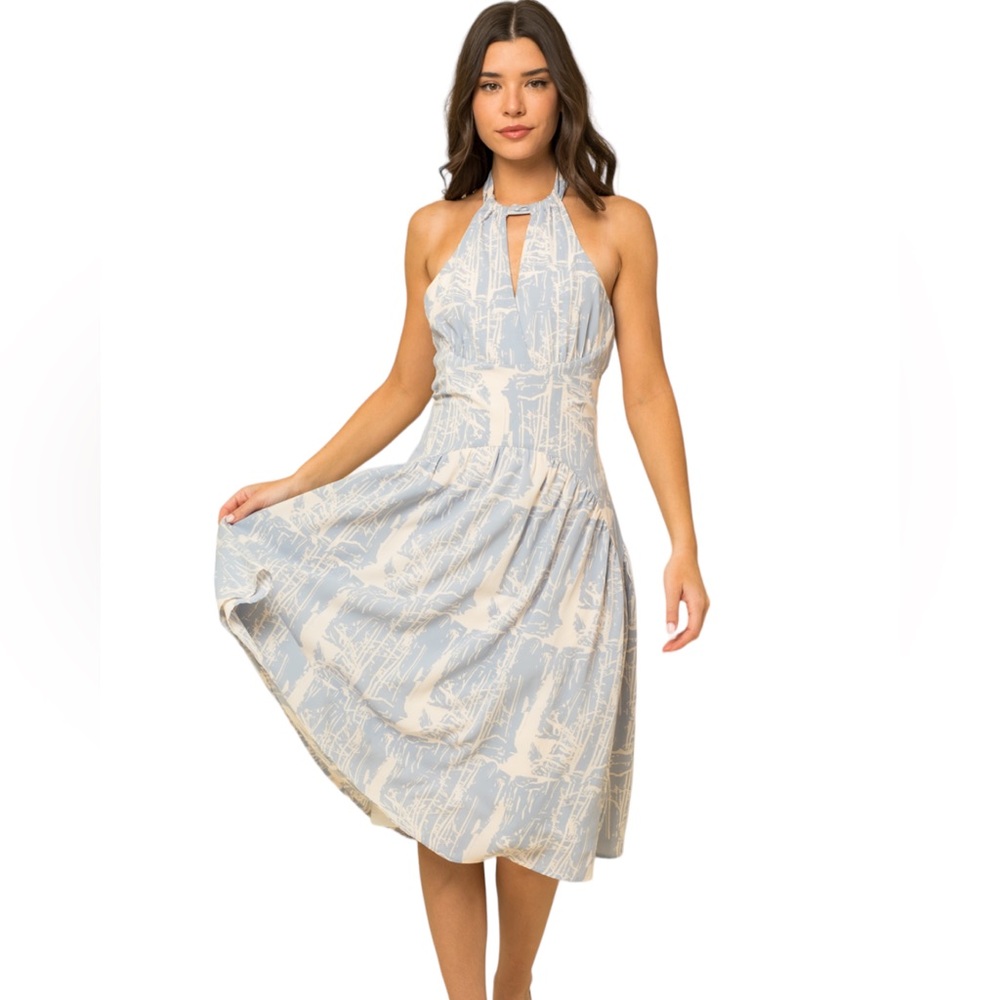 New Women’s Sky Blue Abstract Halter Midi Dress NWT
